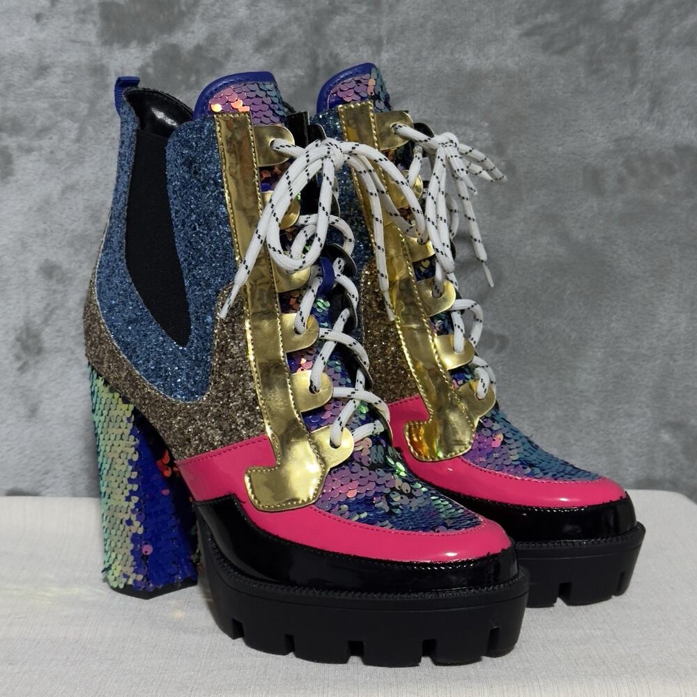 Cape Robbin Nell Womens Sequin Cowboy Booties Mermaid Sz 8.5 Block Heel Festival